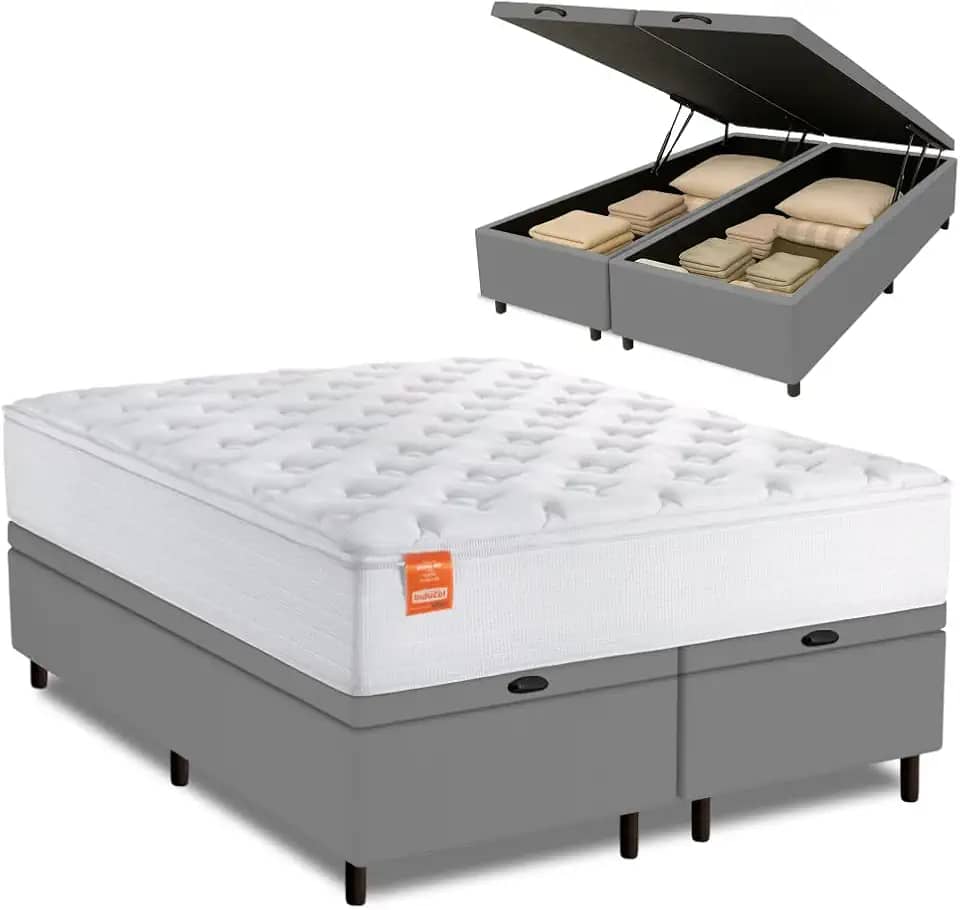 Cama Box Baú Colchão Casal King Molas Ensacadas Real 193x203x68cm Branco/Cinza Inducol - Suporta até 130kg por Pessoa