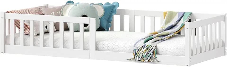 IDIMEX Cama Montessoriana Infantil Branco de Madeira Gustavo Grades de Proteção Lateral padrão Solteiro 88x188 com estrado reforçada