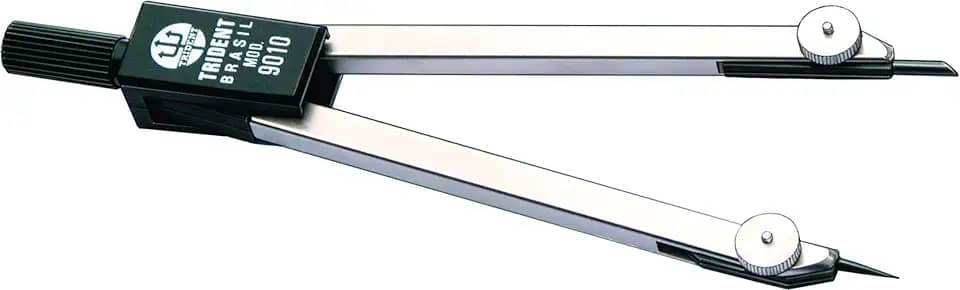 Compasso Técnico Compacto Para Grafite e Ponta Seca, Trident, 9010, Cromo Fosco, Traça Circunferências de Até 32 cm