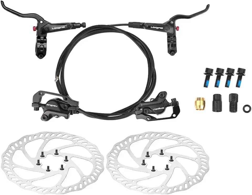 O conjunto de freio a disco hidráulico inclui pastilhas de freio dianteiras e traseiras e rotores para mountain bike/bicicleta de estrada (esquerda + direita)