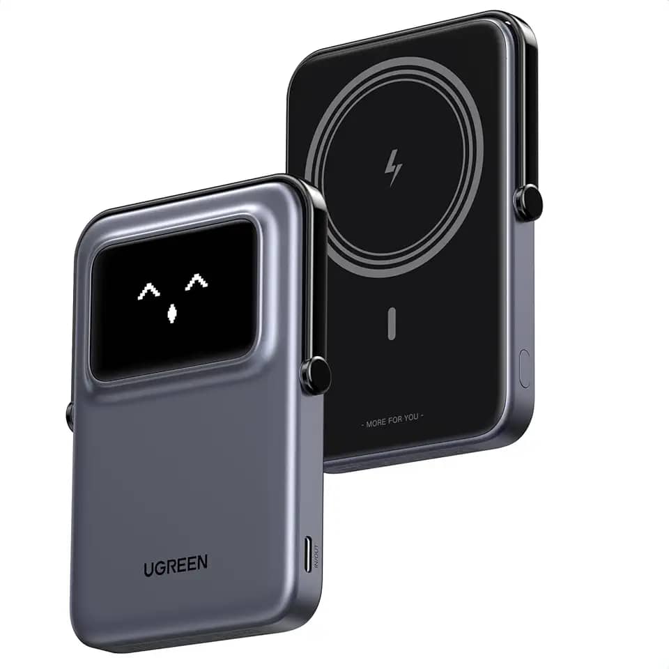 UGREEN Bateria magnética Uno Magsafe Power Bank 5000mAh 20W carregador portátil de carregamento rápido com suporte dobrável Emoji TFT Display Powerbank para iPhone 16 Pro Max/15 Plus/14/13/12, preto