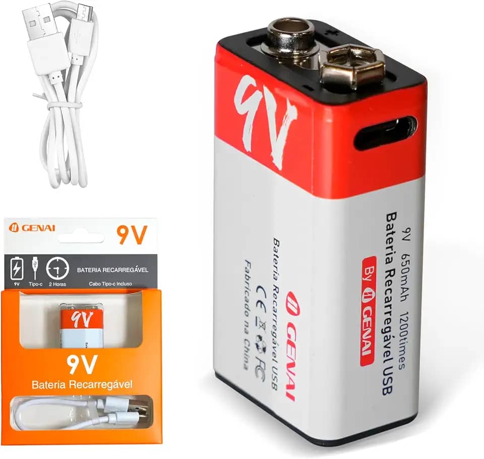 Bateria 9V Bateria Recarregável 9V para Casa, 650mAh, Tipo-C, Proteção Térmica (1 Bateria 9v)
