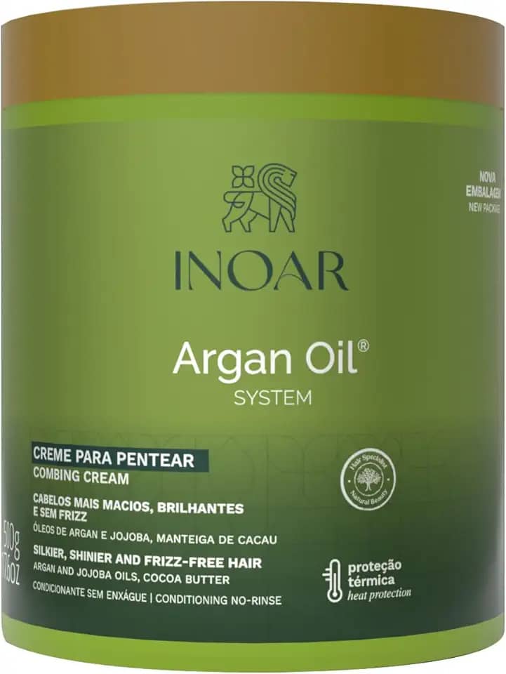 Inoar, Argan Oil, Creme para Pentear Finalizador, Hidratação e Antifrizz, Óleo de Argan, Jojoba e Manteiga de Cacau, Para Todos os Tipos de Cabelos, 500g