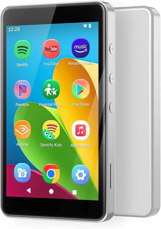 Leitor MP3 com Spotify para crianças, leitor MP4 com Android 14 e loja de aplicações, controlo parental, audiível, leitor de música de 4,0', inclui auriculares e cartão de memória