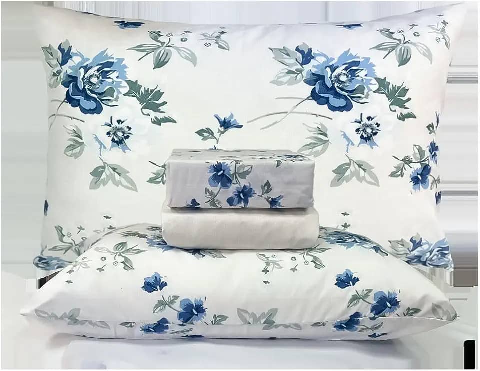 Jogo de Lençol Casal 4 Peças Estampado 200 Fios Floral (Cinza e Floral)