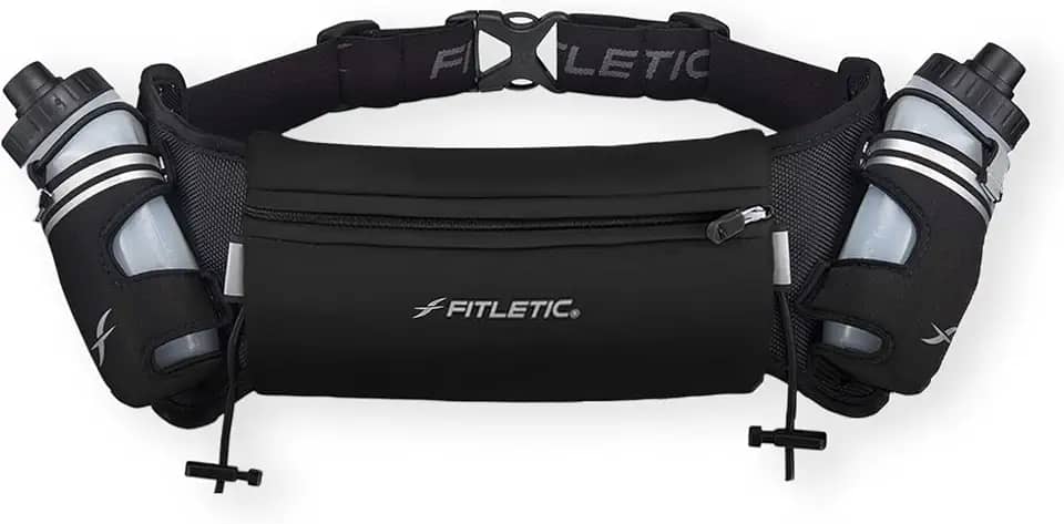 Fitletic Cinto de corrida de hidratação com garrafas de água para homens e mulheres – 2 garrafas de água corrente de fluxo rápido de 227 g, design patenteado sem salto, bolsa resistente à água para