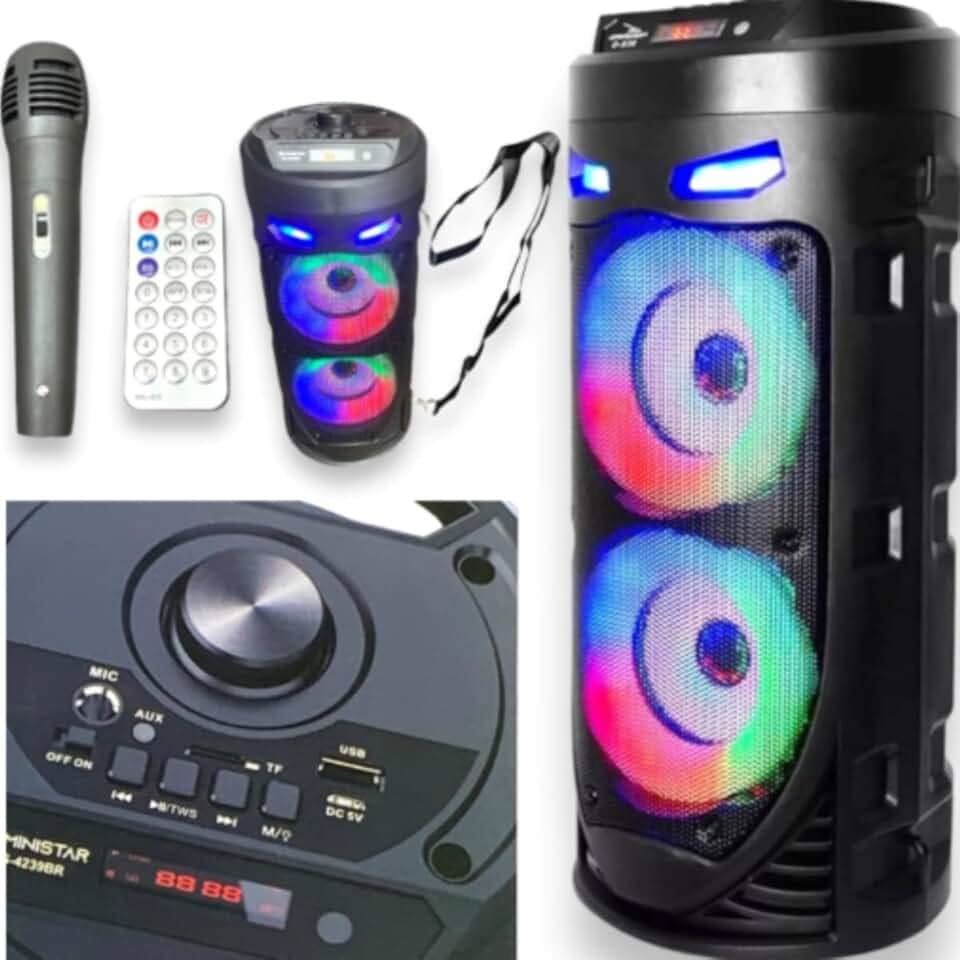 Caixa de Som Bluetooth Portátil, Alto-Falante Amplificado com LED RGB, 40cm, Microfone, Controle Remoto, Rádio FM, TWS, USB, Bateria 1500mAh