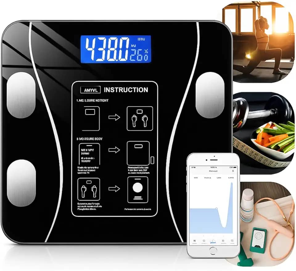 Balança Digital Bioimpedância Bluetooth Aparelho Alta Precisão Capacidade IMC Gordura Agua Corporal Massa Muscular Massa Óssea Taxa Metabólica BMR Vidro Temperado LED App Para Android IOS Premium