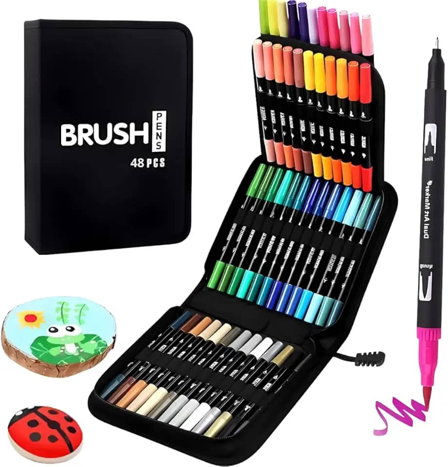 Canetas Marcadoras Brush Pens com Dupla Ponta, 48 Cores (Ponta Fina e Pincel) – Marcadores Artísticos para Crianças e Livros de Colorir para Adultos, Não Vaza a Tinta (48 cores)