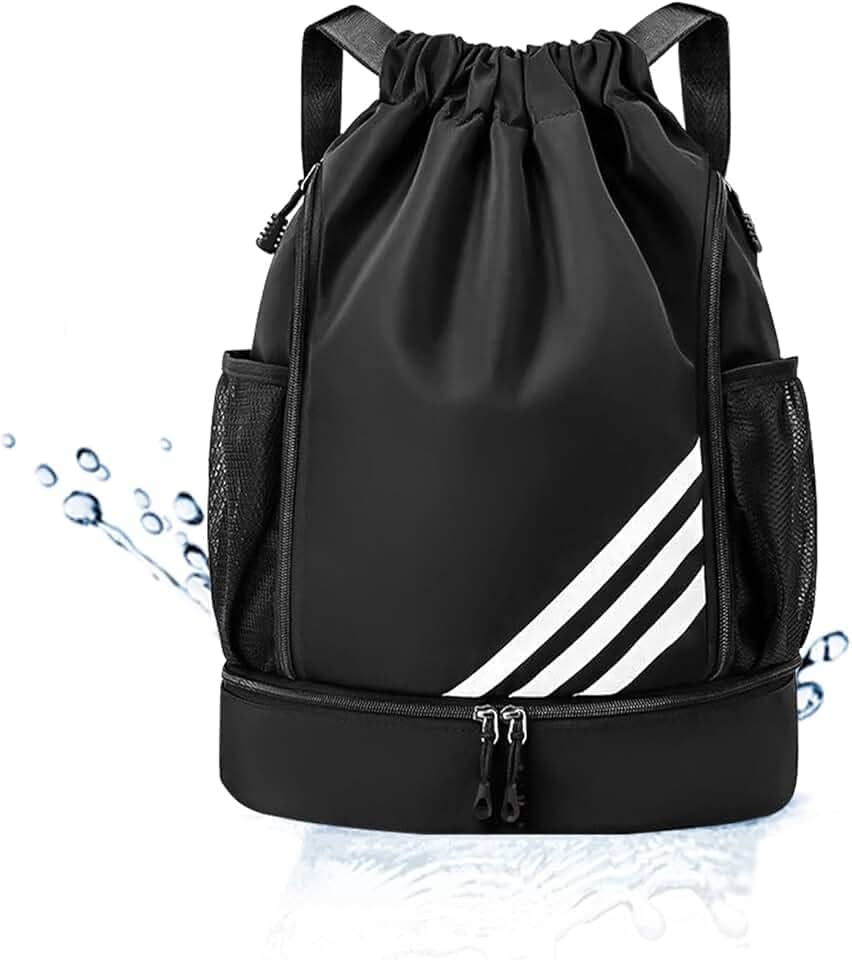 Mochila Esportiva com Cordão, Separação seca e húmida, Mochila de grande capacidade para viagens de lazer, Bolsos Laterais em Malha, Preto com Listras