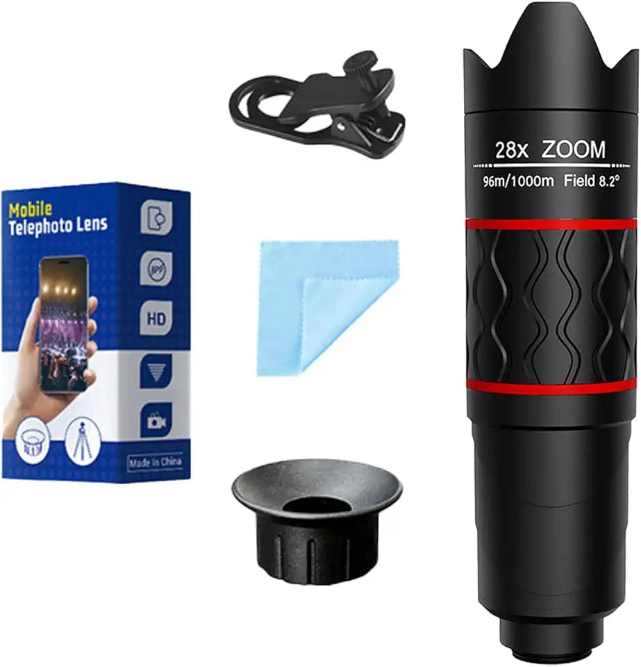 Lente teleobjetiva 28X para telefones iPhone Android, kit de lentes de câmera de celular 2 em 1 com clipe universal, lupa HD para fotografia de smartphone - compatível com todos os smartphones