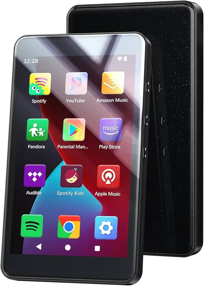 Leitor de MP3 de 96 GB com Bluetooth e WiFi, leitor de música Android 14 com Play Store, Spotify, Pandora, Audible, Libby, MP3 e MP4 de tela plana de 4 polegadas para crianças com modo de cuidados com