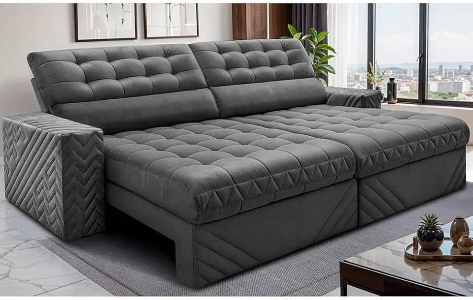 Sofá Retrátil e Reclinável 2,30m Molas Ensacadas Max Spring Velusoft Cinza Cama Inbox