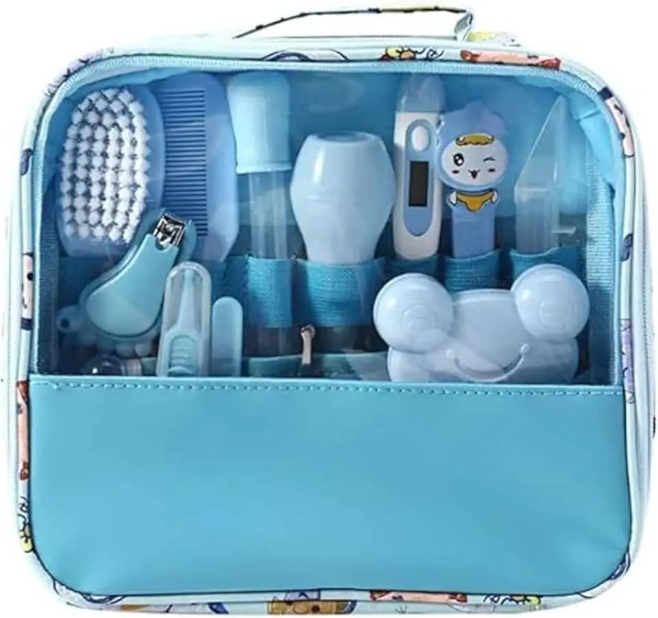 Kit Higiene Bebe Recém Nascido 13 em 1, Estojo Cuidado Bebê com Tesoura, Pente para Bebe, Termômetro, Cortador de Unhas, Lixa de Unhas e outros Kit Maternidade - Linha Premium (Azul)
