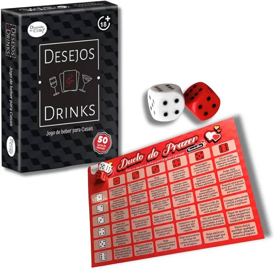 Kit Jogo Casal Erótico Duelo do Prazer 36 Desafios 2 Dados + Baralho Jogo Desejos e Drinks 50 Cartas