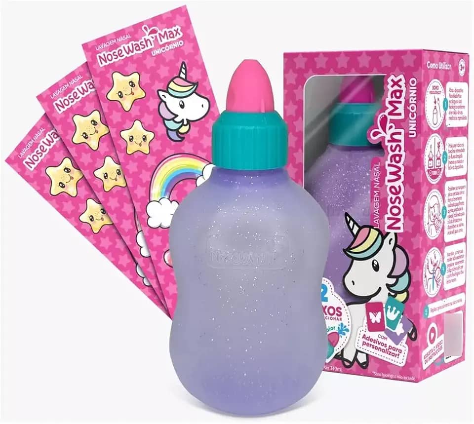 Nosewash Max Unicórnio- Dispositivo para Lavagem Nasal de Bebês e Crianças, Limpador de Nariz, Irrigação Nasal, Alivio de Alergias e Congestão Nasal, com Controle de Fluxo, Frasco 240 ML com Escala