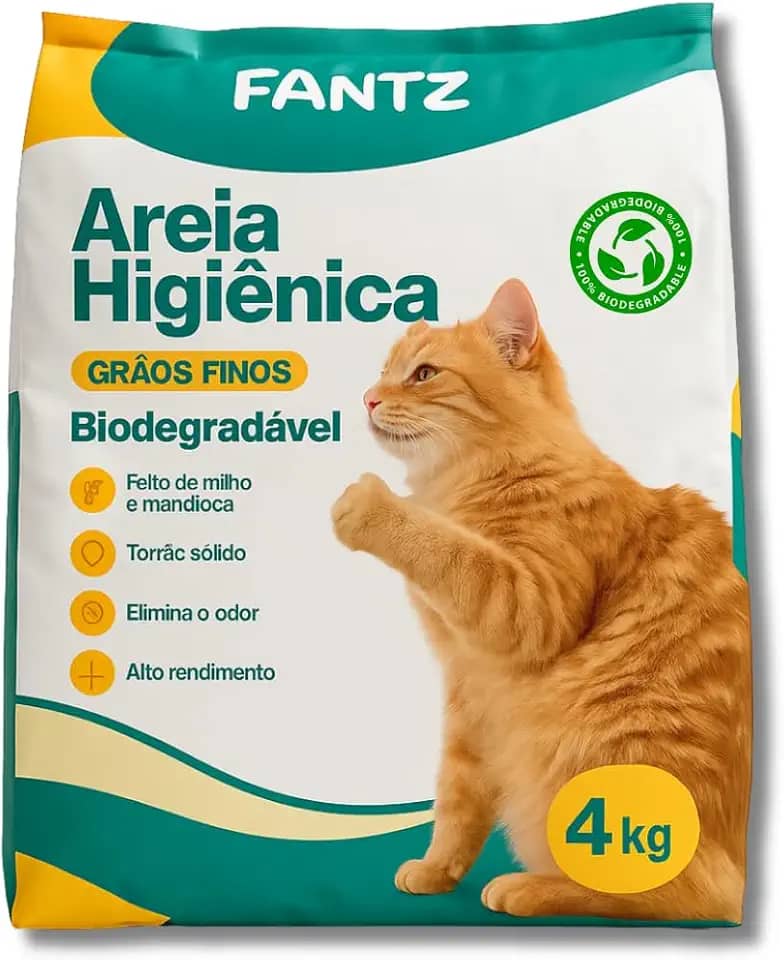 Areia Higiênica Biodegradável para Gatos Grãos Finos Origem Vegetal Mandioca e Milho Elimina Odor 4kg