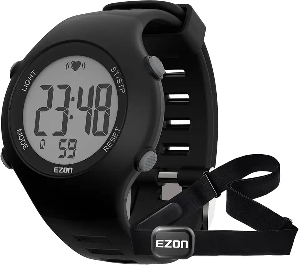 EZON Monitor de frequência cardíaca, pulseira torácica e relógio digital, rastreador de atividades à prova d'água 5 ATM com HRM, calorias queimadas, cronômetro e carrilhão de hora em hora – presentes