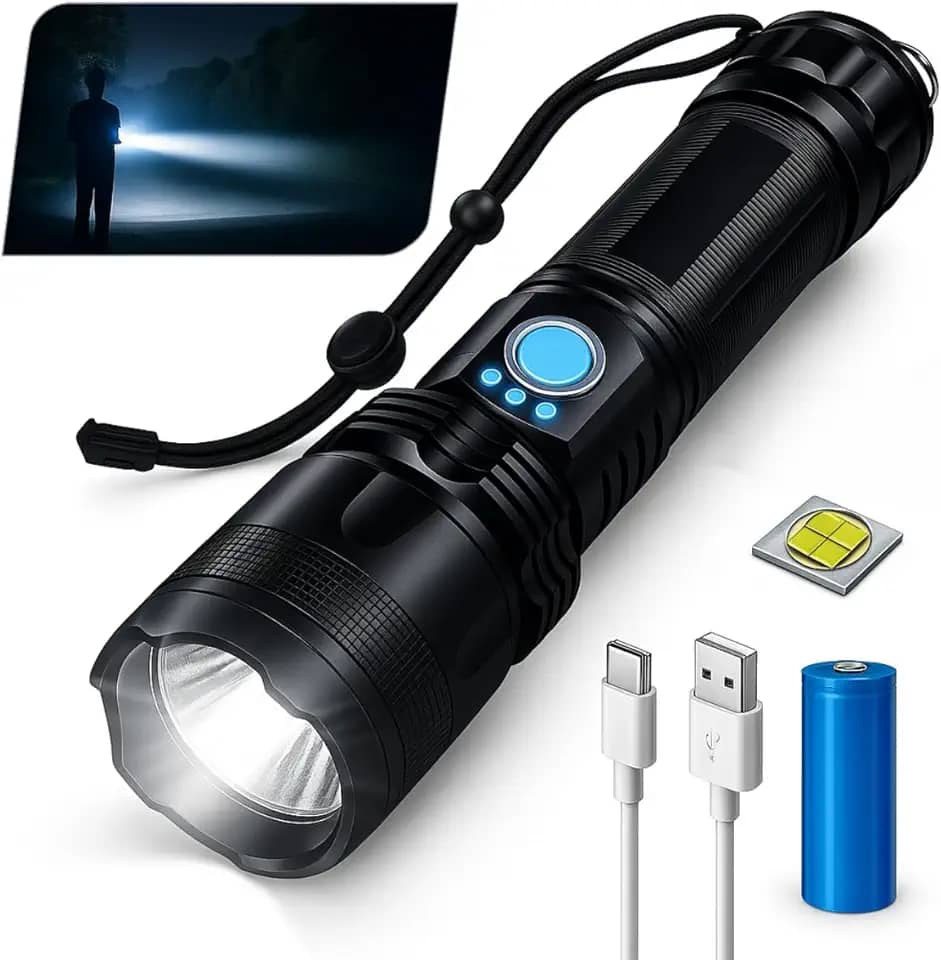 Lanterna Tática Militar LED Super Potente Recarregável USB com Zoom, Longo Alcance, Ideal para Trilhas, Sítio, Fazenda e Segurança, IPX7 – Qualidade Premium LNSTORE