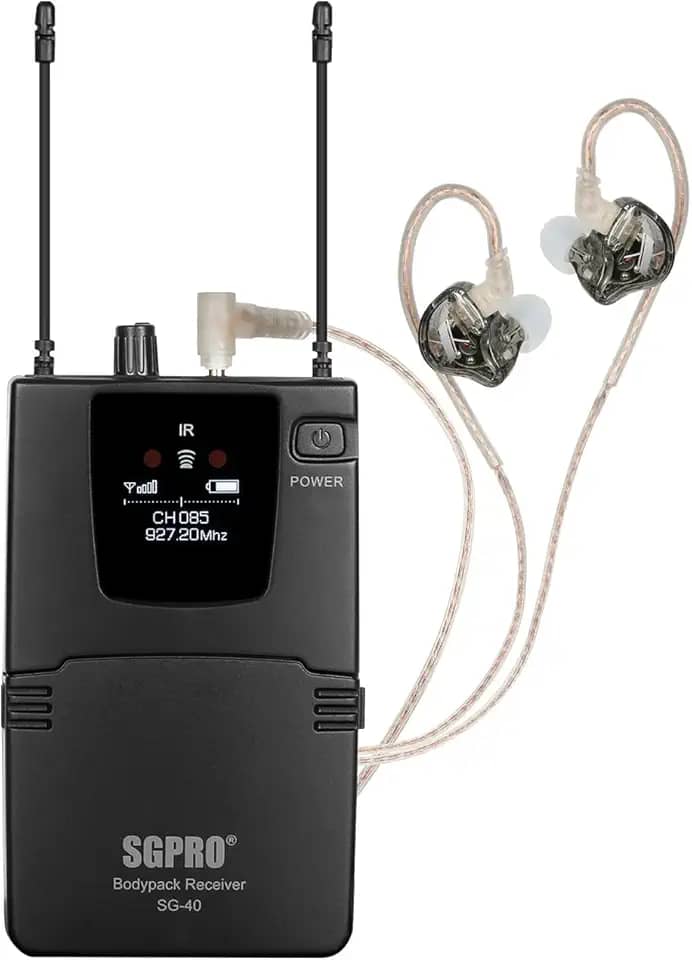 Sistema IEM sem fio – Transmissor de metal, receptor de bodypack dispensável com fones de ouvido, 85 frequências ajustáveis, operação de 85 metros para bandas, estúdios e eventos (SG-40B)