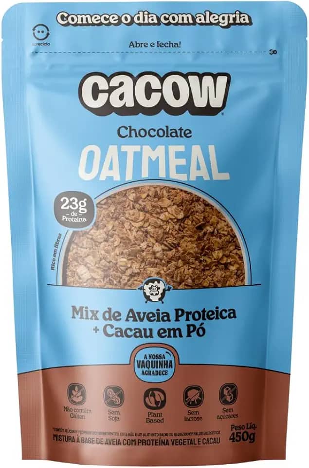 Mix de Aveia + Cacau Proteico 450g | Oatmeal Cacow Chocolate | Sem Açúcar Glúten e Lactose | Ingredientes Naturais e Nutritivos