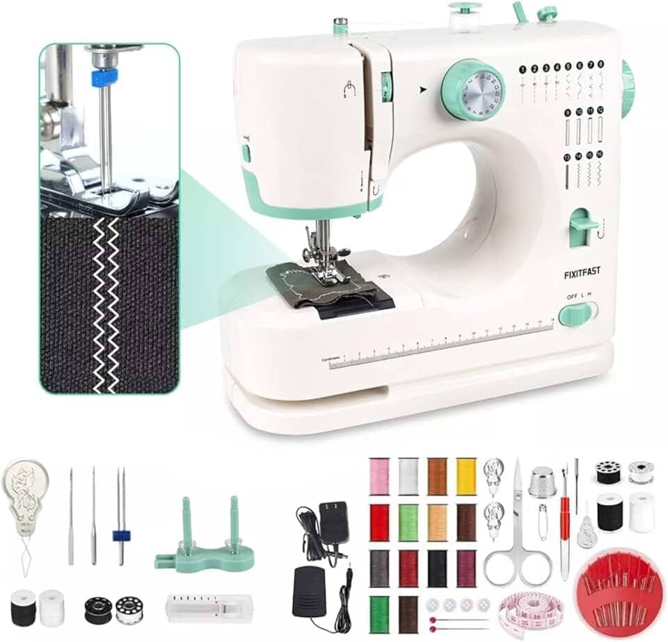 Mini Máquina de Costura Dual-Speed, 16 Modos de Costura, Agulha Dupla, Máquina de Costura Portátil, Para Iniciantes e Profissionais, Ideal para Reparos, Artesanato e Projetos DIY(100-240V)