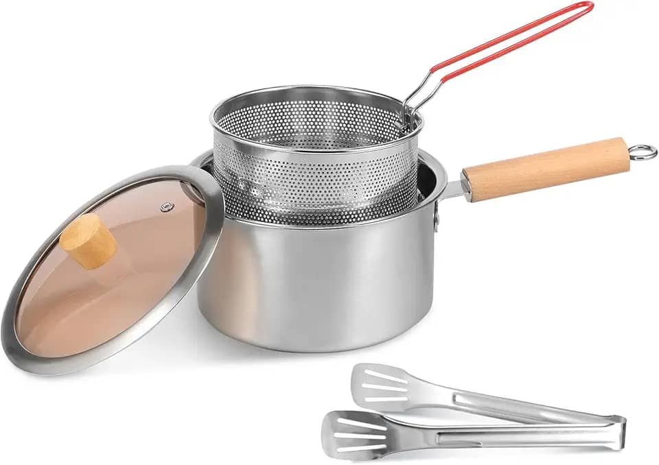 Frigideira profunda, panela de fritadeira de aço inoxidável, fritadeira resistente ao calor com tampa para fritar peixe, camarão, frango e batatas fritas (estilo 2)