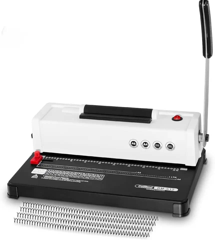 Máquina de encadernação em espiral, capacidade de perfuração de 12 folhas, inserção de bobina elétrica, máquina de encadernação de livros para papel tamanho A4/A5/carta, com 1 caixa de bobinas e