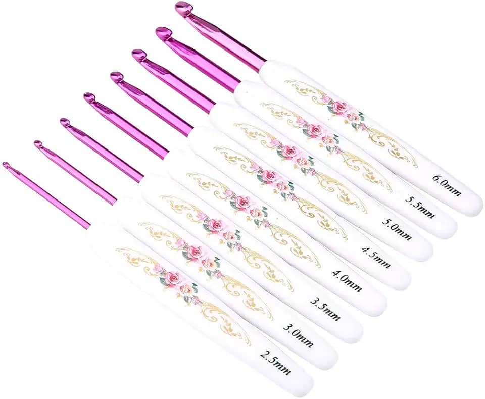 Tnfeeon Conjunto de Gancho de crochê de 8 Peças Com Alça de Plástico Ergonômico Com Estampa Floral Macia Agulhas de tricô de Vários Tamanhos para Projetos de Artesanato de Fios (Thick white handle)
