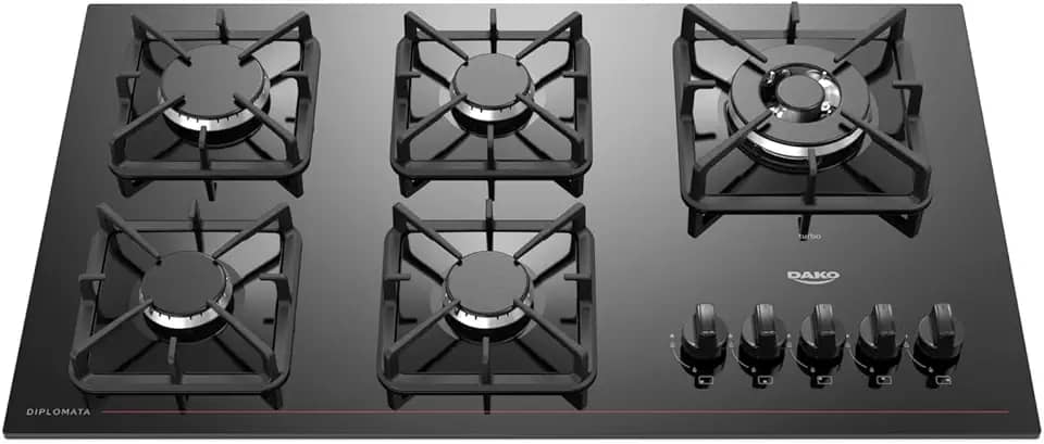 Cooktop a Gás 5 Bocas Preto com Mesa de Vidro e Tripla Chama Dako Diplomata Bivolt