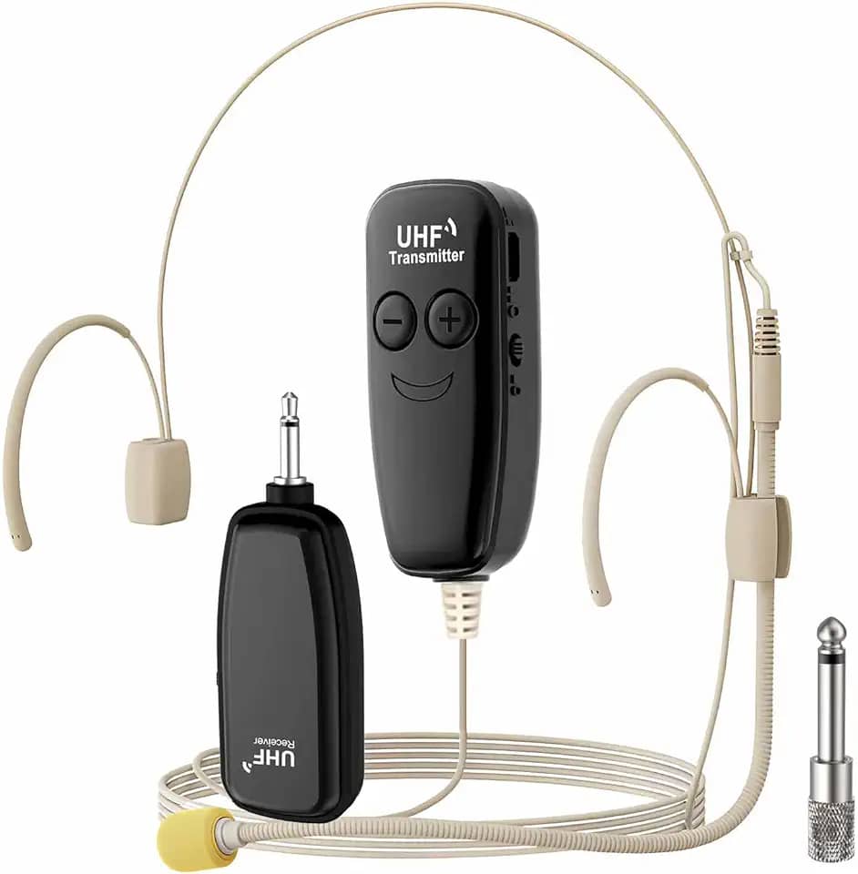Microfone de fone de ouvido sem fio, sistema de alto-falante de microfone de cabeça de tom de pele UHF, microfones amplificadores de voz profissionais bege, com alcance de 50 metros, ideal para