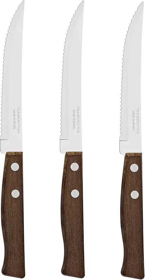Conjunto De Facas Para Churrasco E Frutas Tramontina Tradicional Com Lâminas Em Aço Inox E Cabos De Madeira Natural 3 Peças