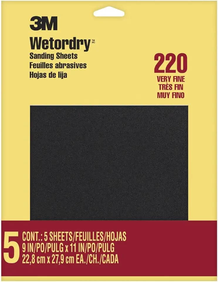 3M Lixa Wetordry, 5 folhas, 23 x 28 cm, grão 220, muito fina, use para lixamento úmido e seco, para lixar entre camadas de verniz, laca, tinta e outros acabamentos, papel impermeável (9087DC-NA)