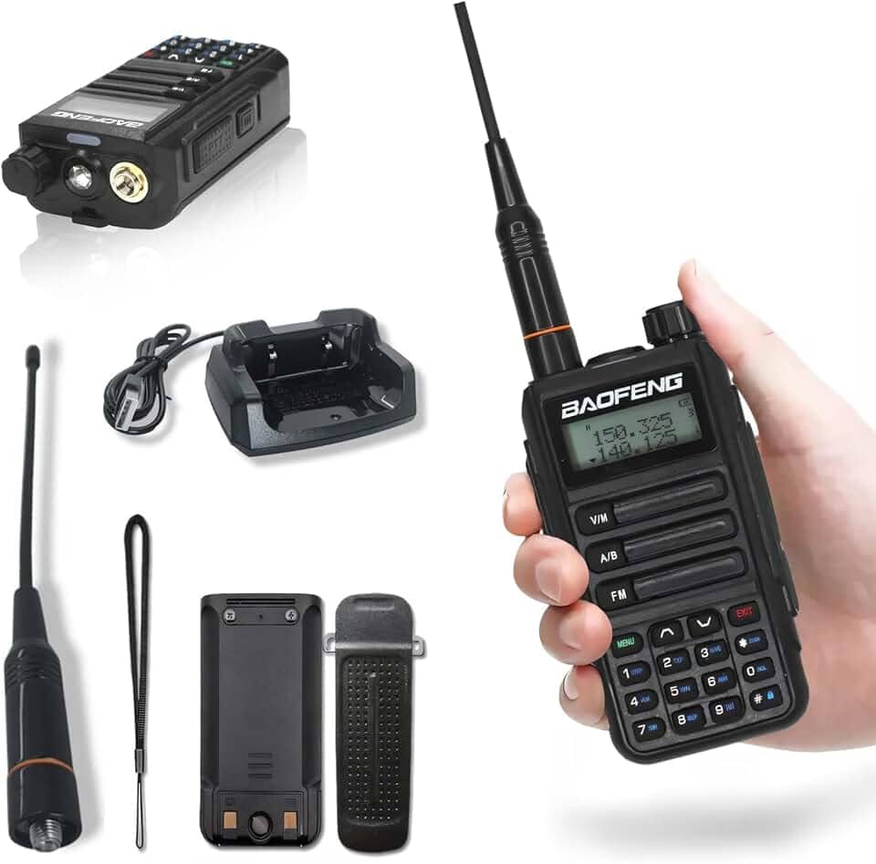 Radio Comunicador Walkie Talkie Longo Alcance Fone VHF/UHF Banda Dupla, com Fone de Ouvido, Lanterna e Rádio FM, 1 Peça, Uv-16