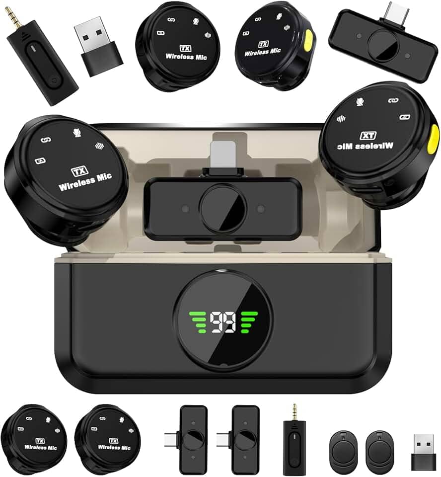 microfone de lapela sem fio de nível profissional, Microfone sem fio lapela(2TX+3RX), Três níveis de redução de ruído, Amplamente compatível com dispositivos de interface Tipo C e Lightning