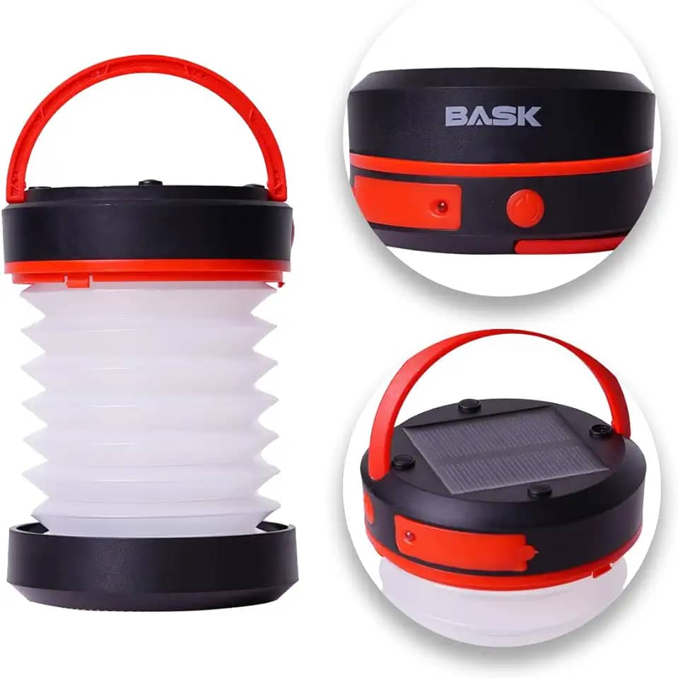 BASK Lanterna Solar Retrátil 2 em 1 – Carrega Solar + USB, Bateria 800 mAh (10 h), 3 Modos LED + SOS, 100LM, Retrátil, Portátil p/ Camping e Emergência