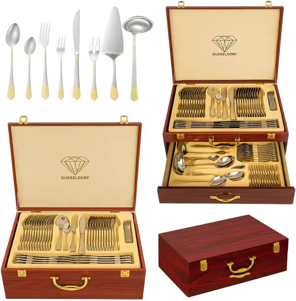 Faqueiro 84 Pçs Talheres Banhados A Ouro Maleta Madeira-Luxo Prata E Dourado Jogo De Facas