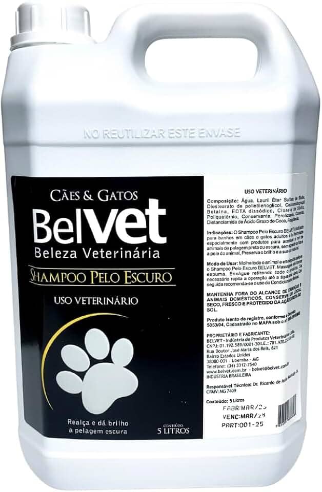 Shampoo Belvet Profissional Pet para Pelos Escuros e Pelos Pretos Cães e Gatos 5 Litros