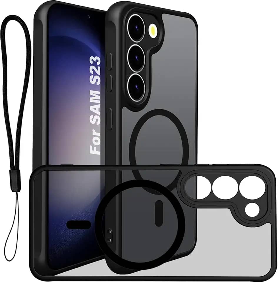 USTIYA Magnética Capa para Samsung Galaxy S23 Case Matte Acrílico Uso Resistente Protetora de Câmera Capinha Acessórios para Celular com Cordão Preto FGCX