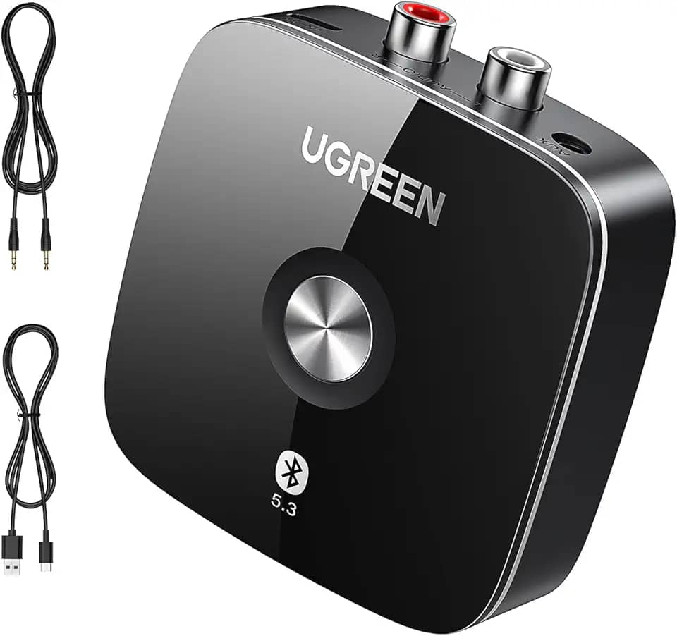 UGREEN Bateria integrada com adaptador auxiliar Bluetooth, suporta dois pares de receptores Bluetooth 5.3 para receptor estéreo antigo, adaptador de receptor de áudio Bluetooth de canal duplo RCA de