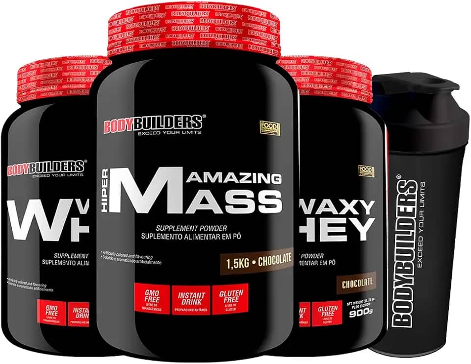 KIT 2x Waxy Whey 900g + Amazing Mass 1,5kg + Coqueteleira - Bodybuilders Sabor Chocolate