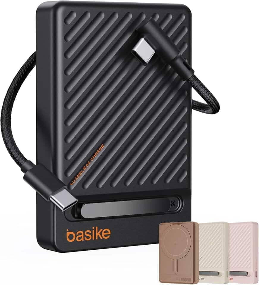 Basike, Power Bank Indução10000 mAh, Carregador Portatil Indução, Carregamento Rápido Máximo de 22,5W, Cabo USB-C Removível e Suporte Ajustável, para iPhone Série 16/15/14/13/12, AirPods (Preto)