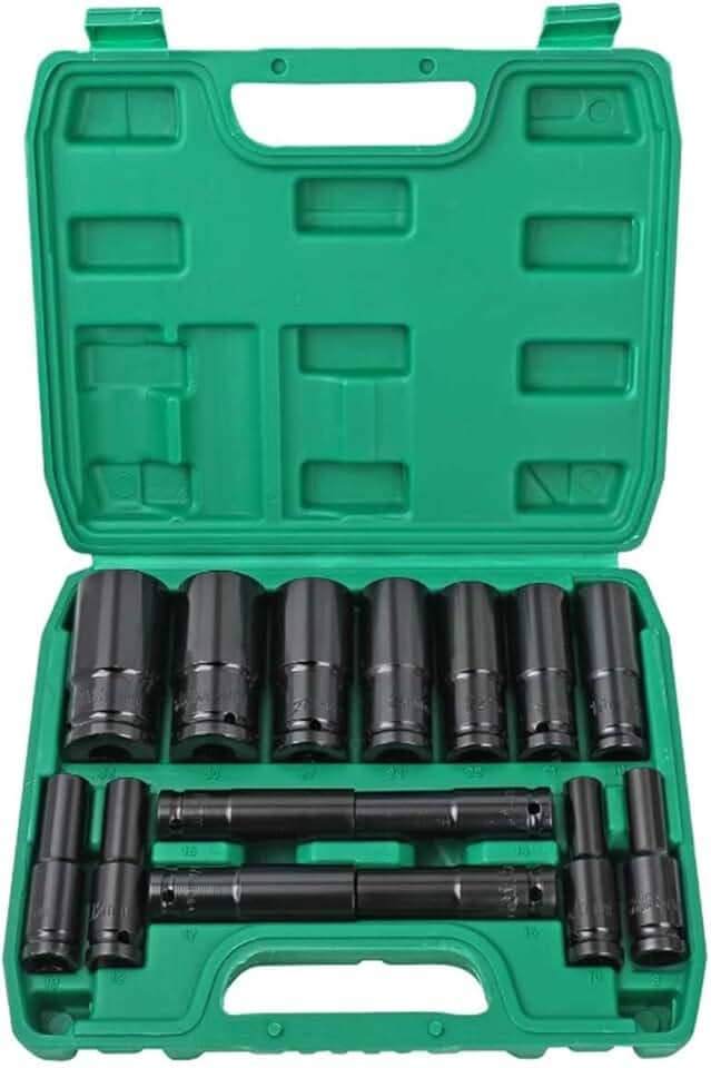 Jogo de Soquetes de Impacto 1/2 Profundos 15 Peças (8-32mm) - Cr-V - Alta Torque - Caixinha Organizadora - Completo para Caminhões e Oficina