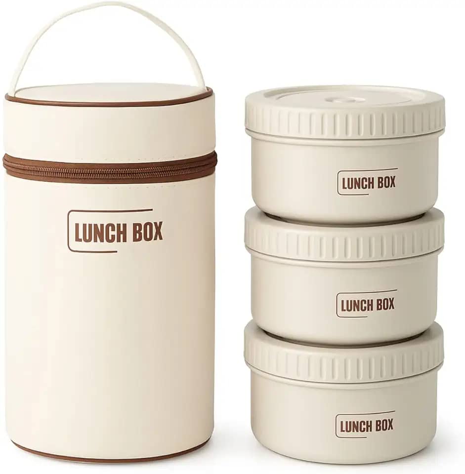 Jogo de Bolsa Termica Com 3 Potes de Inox Conjunto de Potes Empilháveis para Almoço 3 Compartimentos Branco Resistente ao Microondas Premium