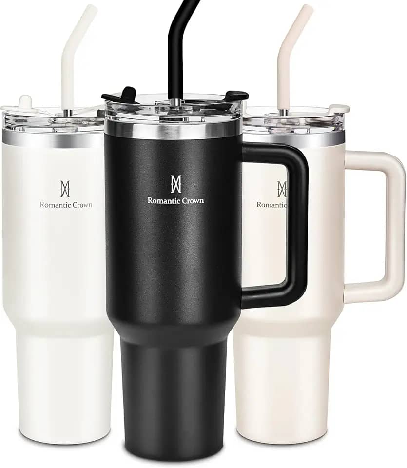 Romantic Crown Copo Térmico com Canudo Tampa e Alça 1,18L, Cops Garrafas Termico para viagem vácuo dupla camada aço inoxidável, Caneca Termica Cafe Água Chá,Presente, Fitness (Preto)