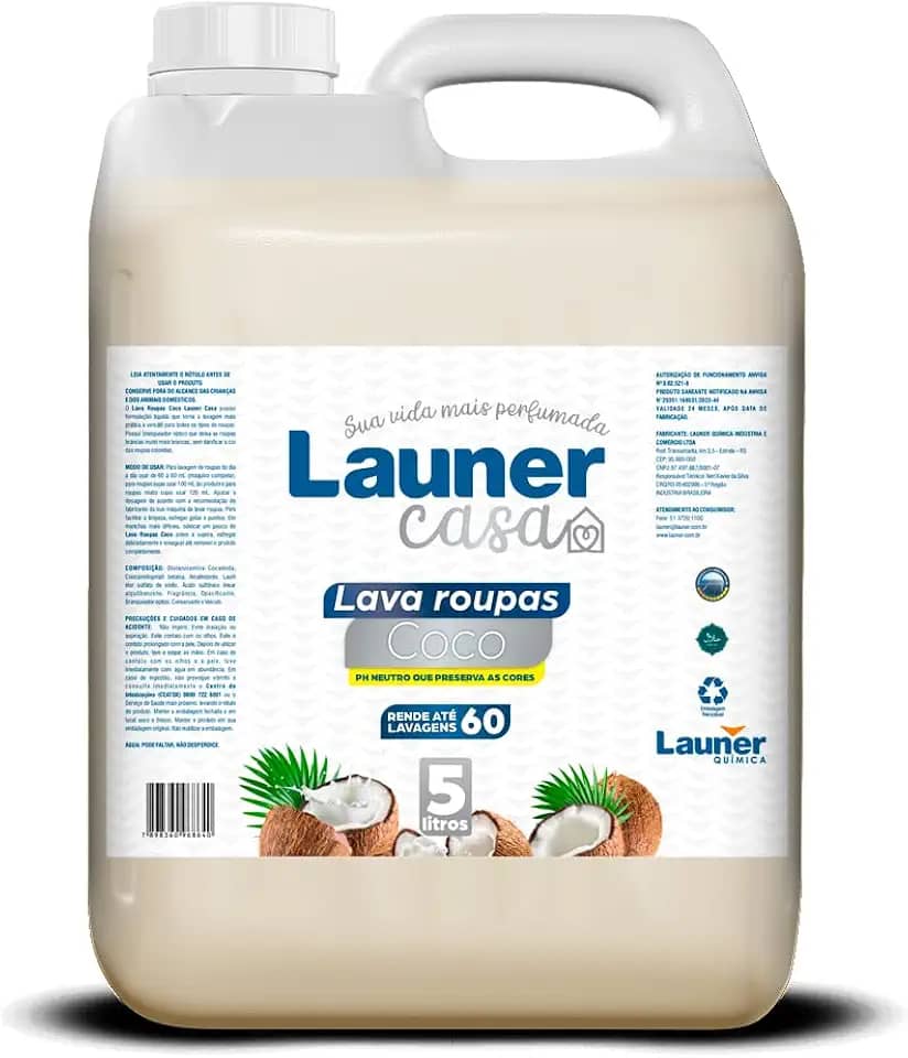Lava Roupas Coco - Limpeza Profunda, Perfume Natural, Protege Fibras e Roupas Delicadas Launer Casa 5L