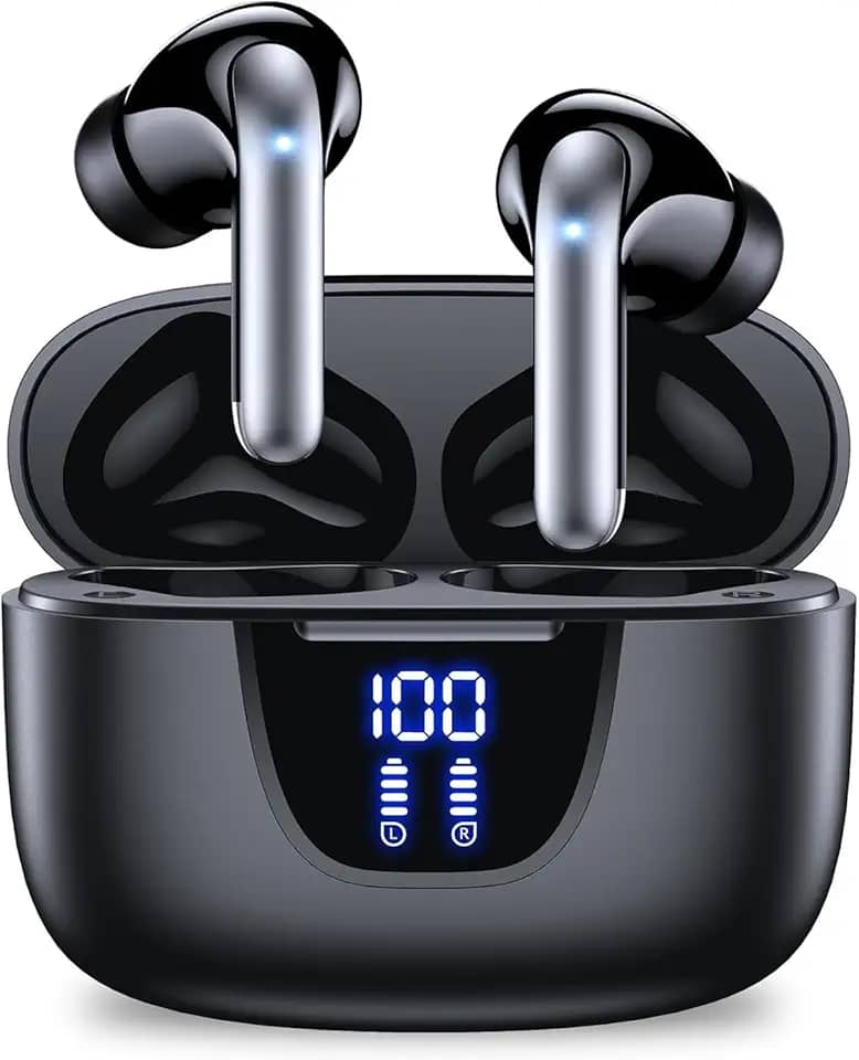 Fones de Ouvido Sem Fio Bluetooth - 76 Horas de Reprodução com Display LED, Estéreo Intra-Auricular Esportivo com Microfone para Android e iOS, Preto