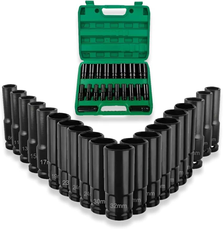 Kit Soquete Longo Sextavado Impacto 1/2 15 Pcs 8-32mm Cromo-Vanádio Cr-V Profissional Com Maleta