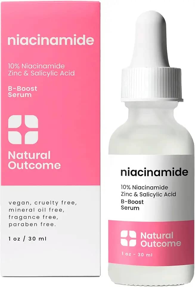 Soro de niacinamida para rosto da natural outcome Skin Care, Niacinamida B-Boost 10% mais zinco 2% ácido salicílico + ácido hialurônico, tratamento para acne + soro redutor de poros + equilíbrio da
