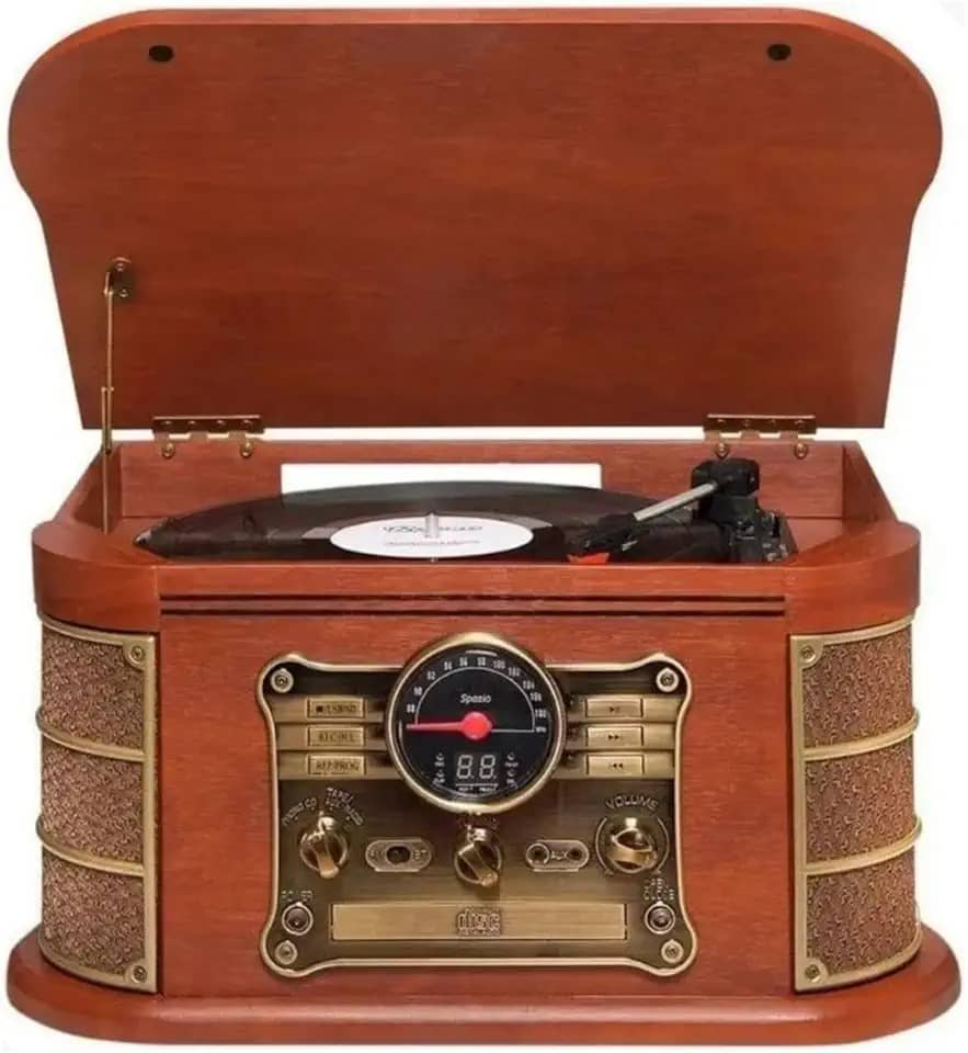 Raveo Vitrola Spazio com Toca-discos de 3 velocidades, Rádio FM, CD e Cassete players, USB e SD (reproduzem e gravam), entrada e saída auxiliares e tecnologia de conexão Bluetooth., Grande
